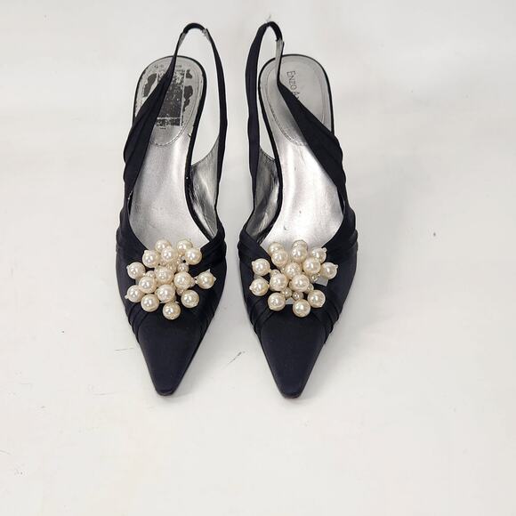 Enzo Angiolini Satin Sling Back Pointed Toe Pearl Pump Heels Womens 8.5M Black - Picture 4 of 10